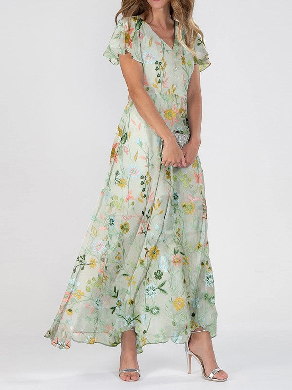 Women's Maxi Dress with Floral Print and V-Neck, Flowing Summer Silhouette