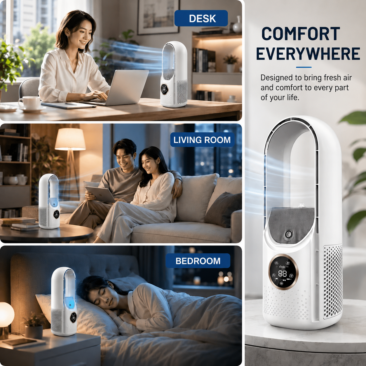 Ventilateur tour compact sans pales avec débit d'air réglable