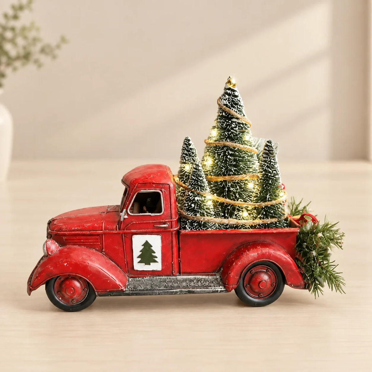Christmas Decoration Red Truck with Bottle Brush Trees and LED Lights - Image 1