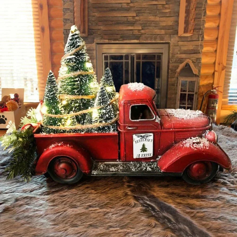 Christmas Decoration Red Truck with Bottle Brush Trees and LED Lights - Image 2