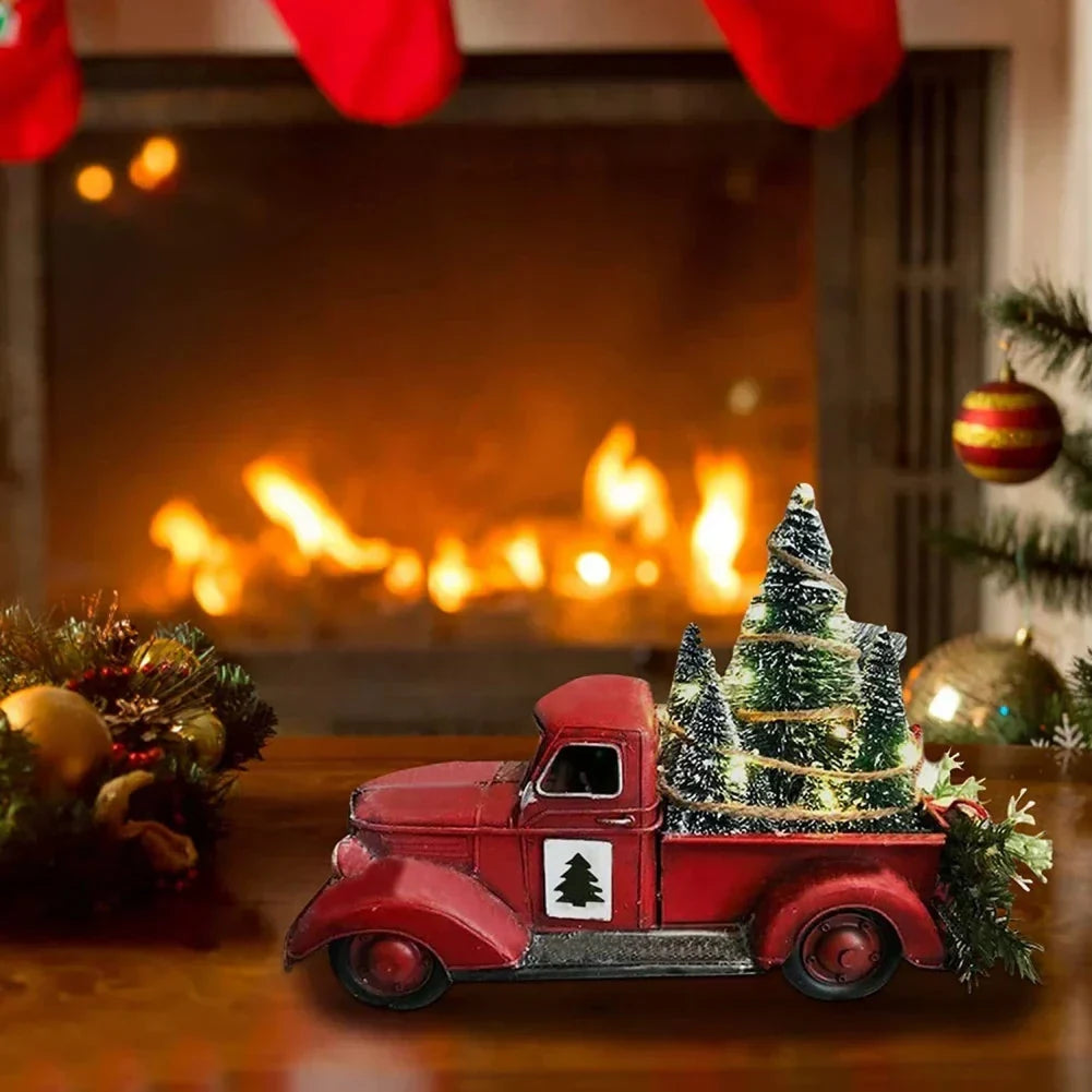 Christmas Decoration Red Truck with Bottle Brush Trees and LED Lights - Image 3