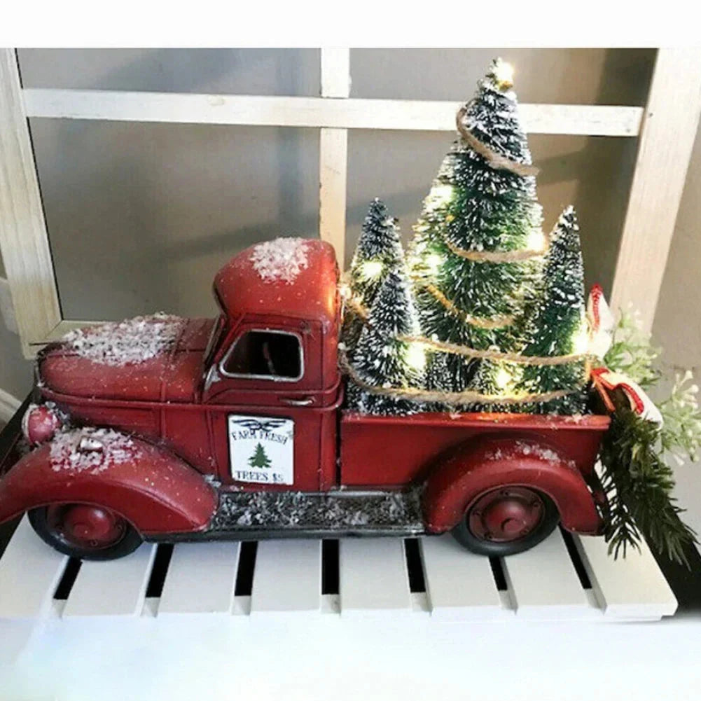 Christmas Decoration Red Truck with Bottle Brush Trees and LED Lights - Image 4