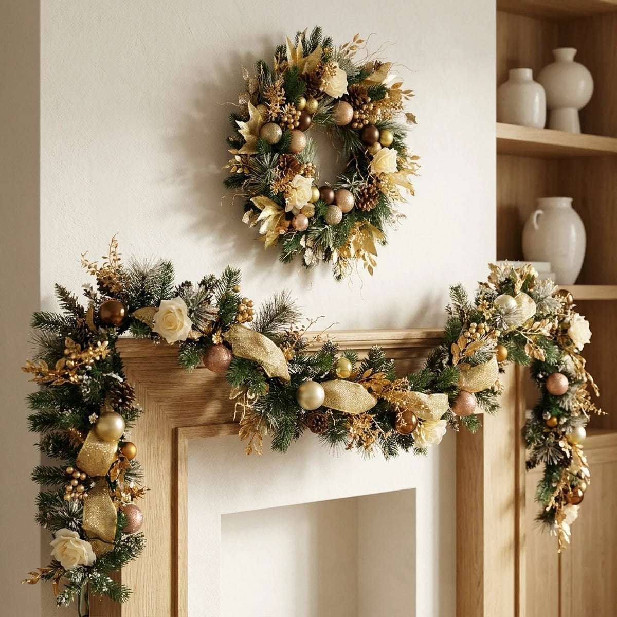 Christmas Garland with Pine Ornaments and Gold Mesh Ribbon for Holiday Decorating - Image 1