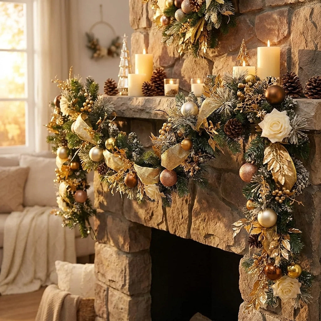 Christmas Garland with Pine Ornaments and Gold Mesh Ribbon for Holiday Decorating - Image 2