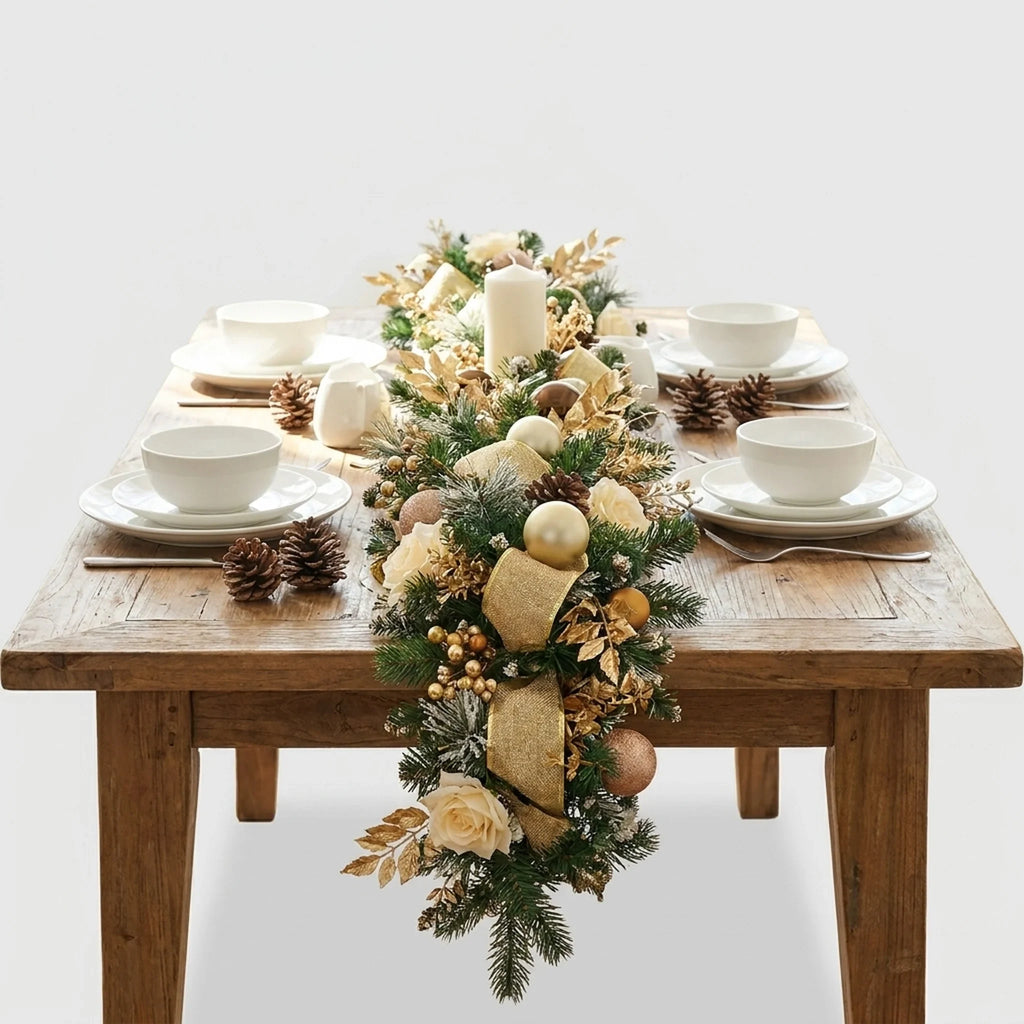 Christmas Garland with Pine Ornaments and Gold Mesh Ribbon for Holiday Decorating - Image 3