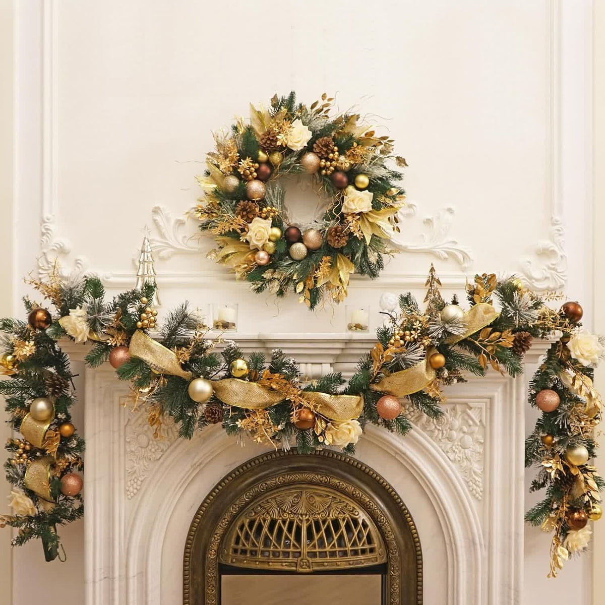 Christmas Garland with Pine Ornaments and Gold Mesh Ribbon for Holiday Decorating - Image 4