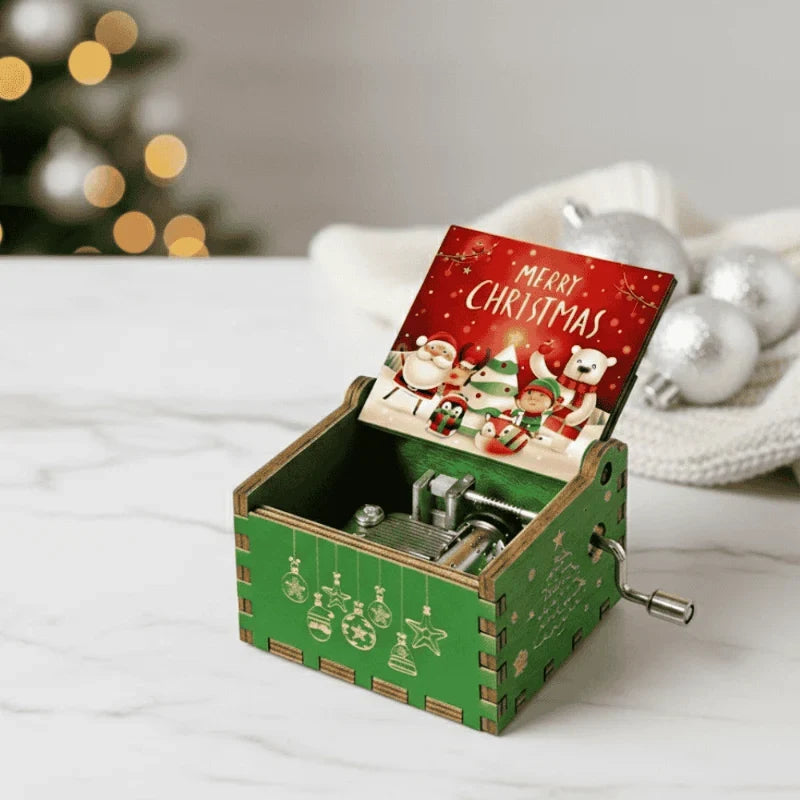 Christmas Music Box with Hand Crank Wooden Mechanism and Laser-Cut Holiday Design - Image 1