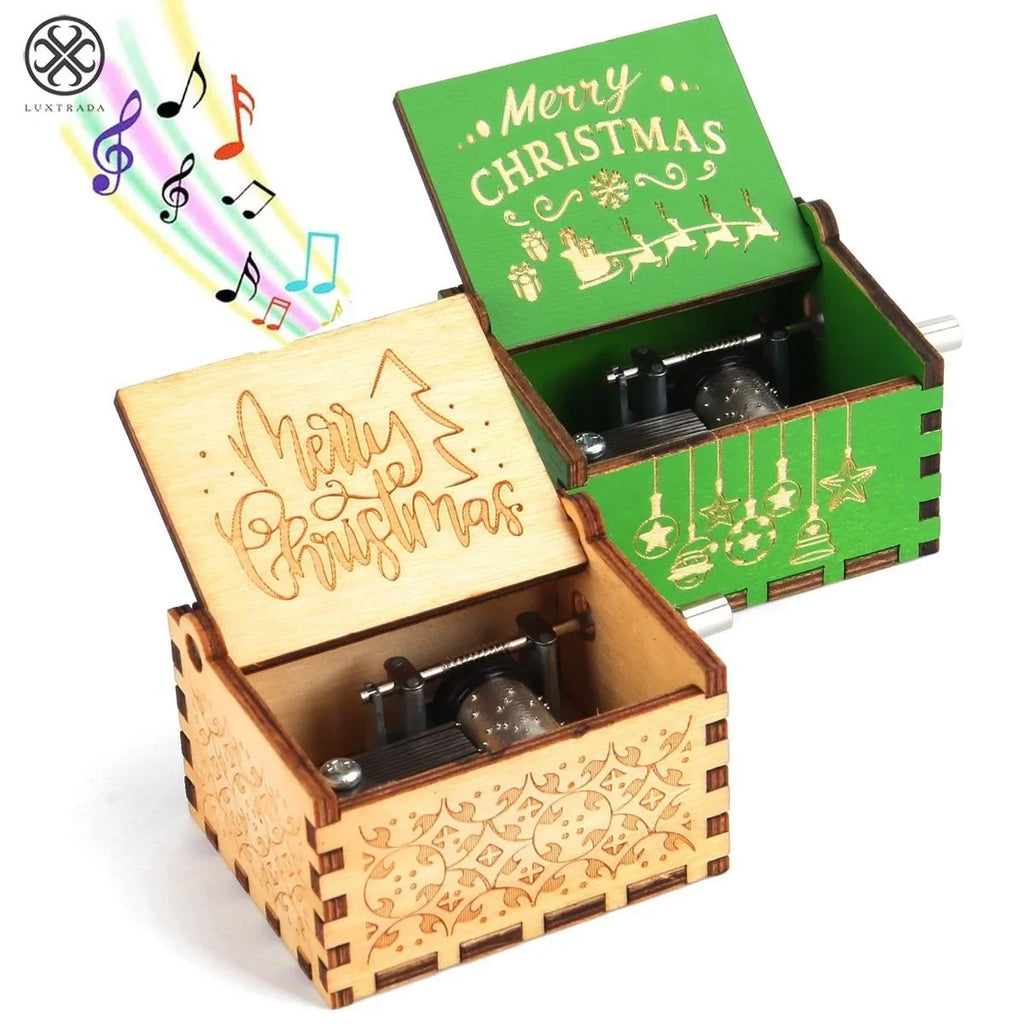 Christmas Music Box with Hand Crank Wooden Mechanism and Laser-Cut Holiday Design - Image 2