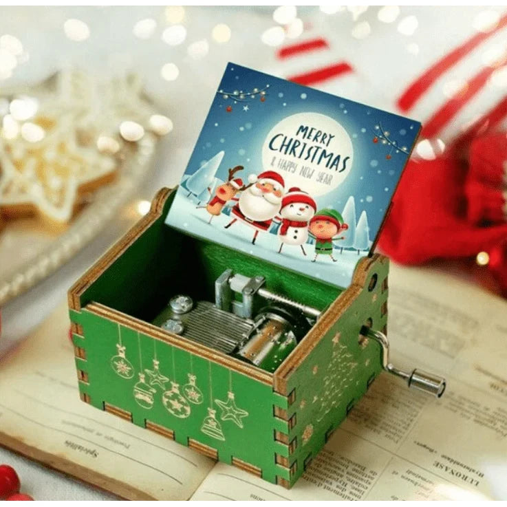 Christmas Music Box with Hand Crank Wooden Mechanism and Laser-Cut Holiday Design - Image 3