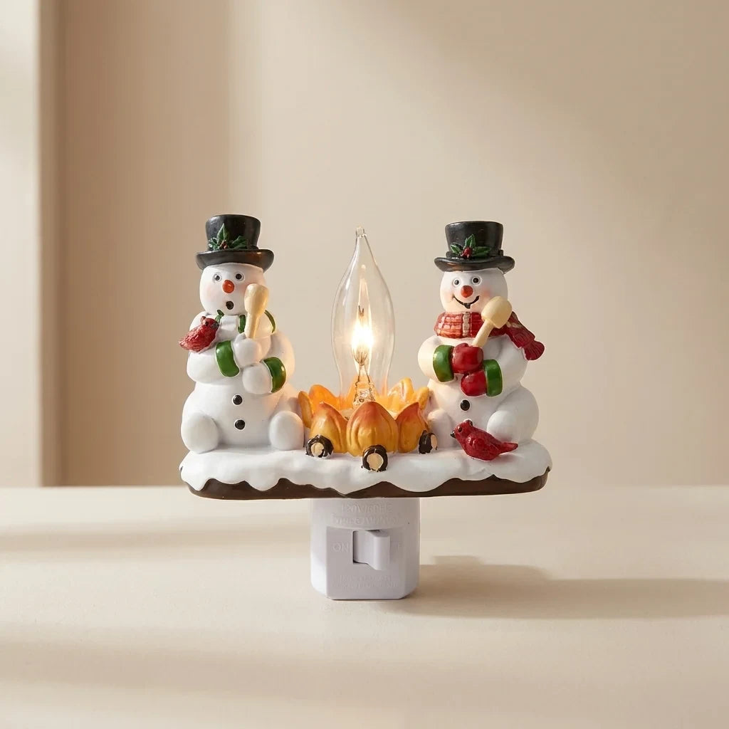Christmas Night Lights Plug-In Snowman Campfire with Warm Yellow Flame Bulb - Image 1