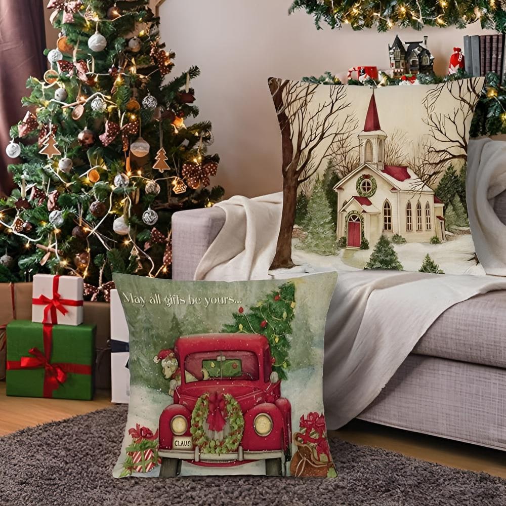 Christmas Pillow Cover with Hidden Zipper Square Polyester Linen Throw with Festive Holiday Prints - Image 1