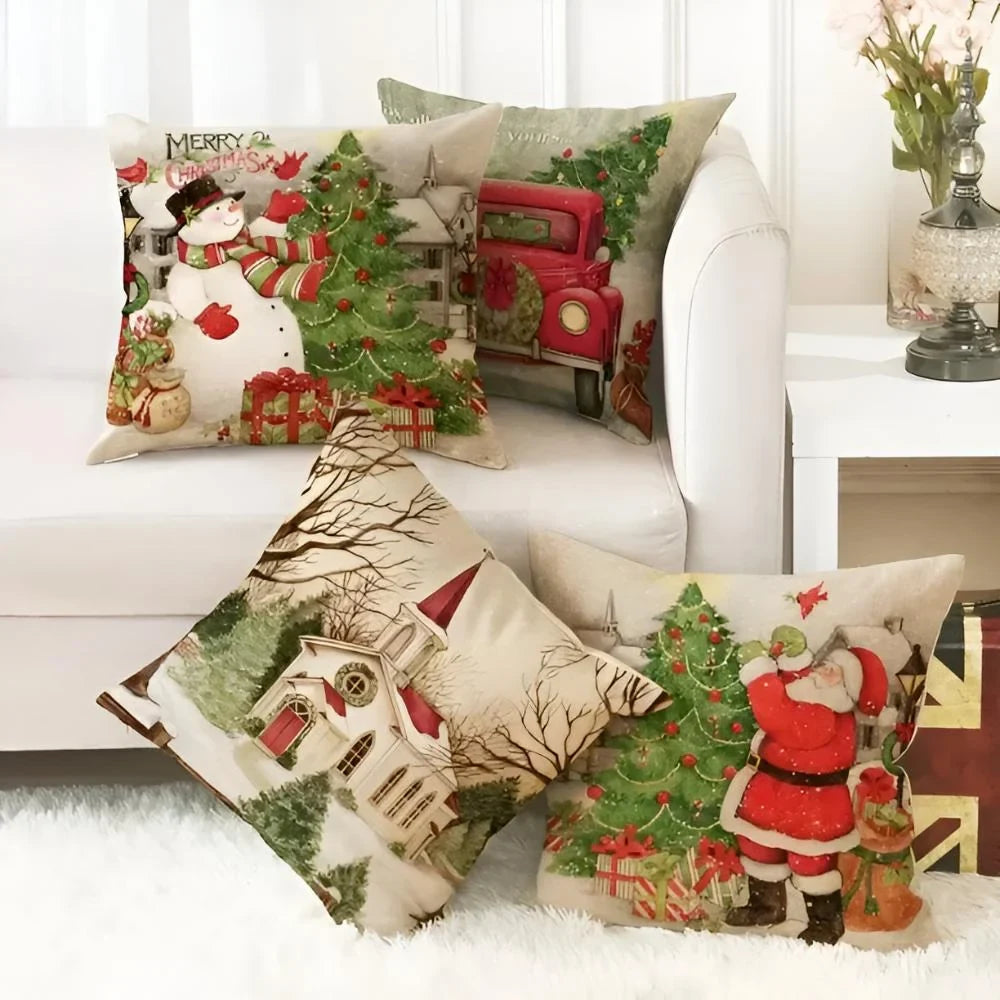 Christmas Pillow Cover with Hidden Zipper Square Polyester Linen Throw with Festive Holiday Prints - Image 2