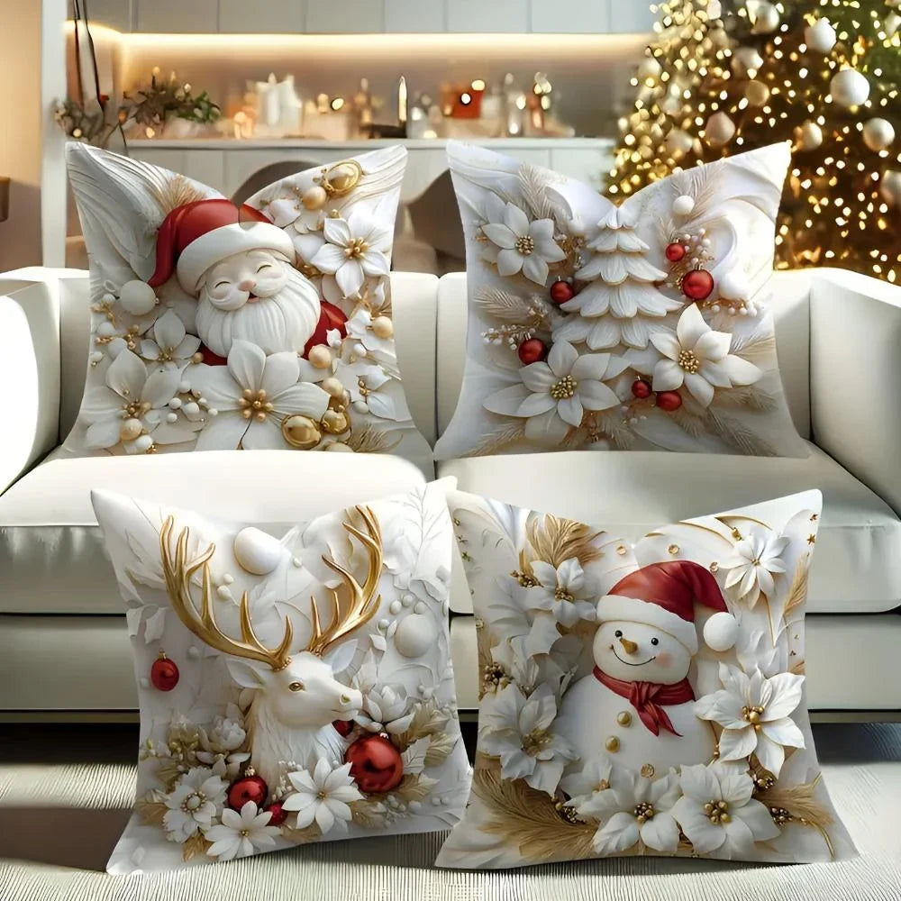 Christmas Pillow Covers Set of 4 Square Throw Decorative Cushion with 3D Holiday Designs - Image 1
