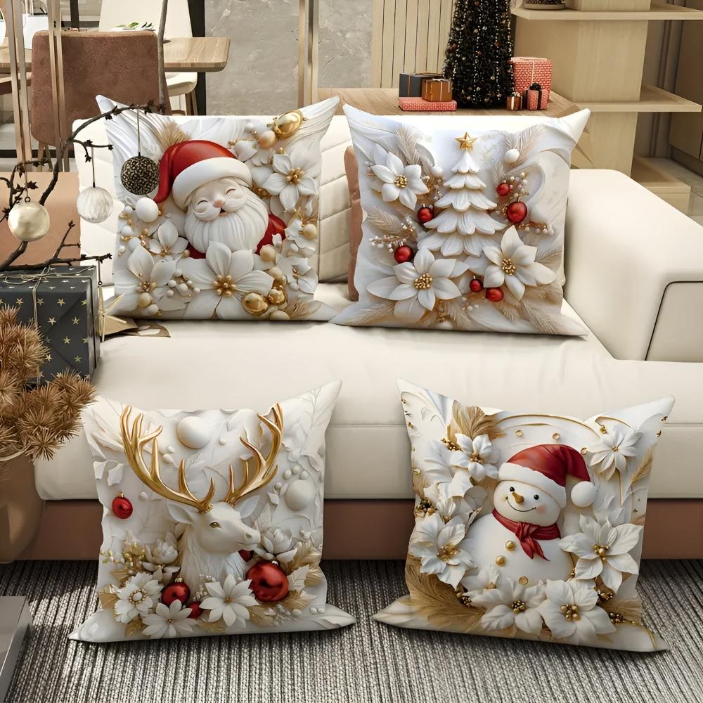 Christmas Pillow Covers Set of 4 Square Throw Decorative Cushion with 3D Holiday Designs - Image 2
