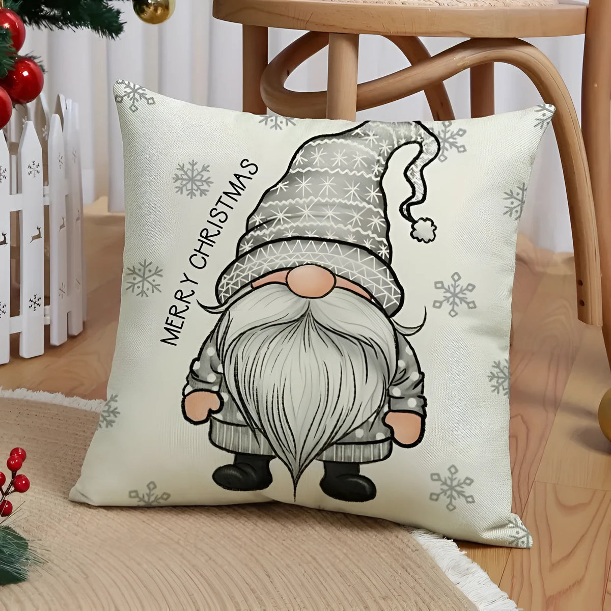 Christmas Pillow Covers Set of 4 Square with Hidden Zipper and Festive Gnome Print - Image 5