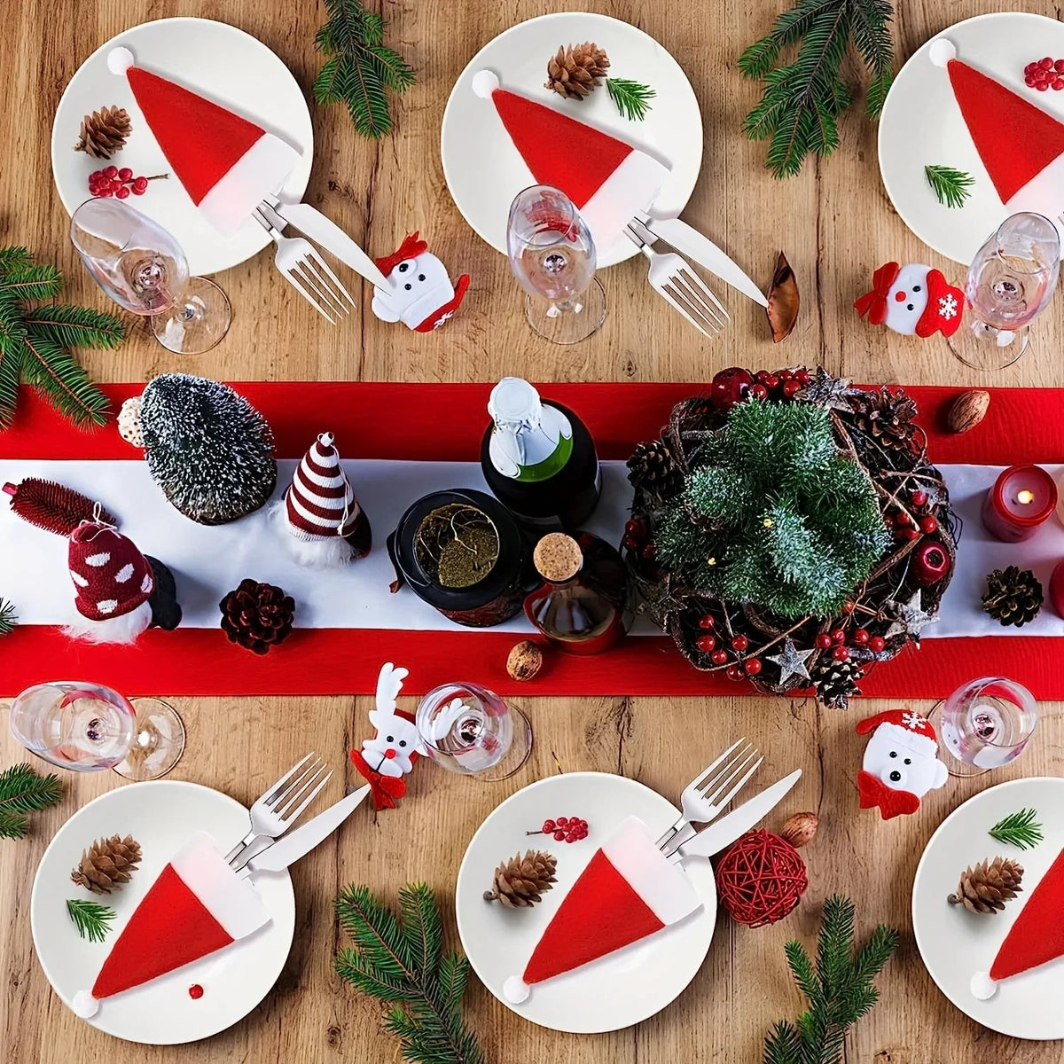 Christmas Santa Hat Felt Cutlery Holders with Pom-Pom Set of 6 cm - Image 5