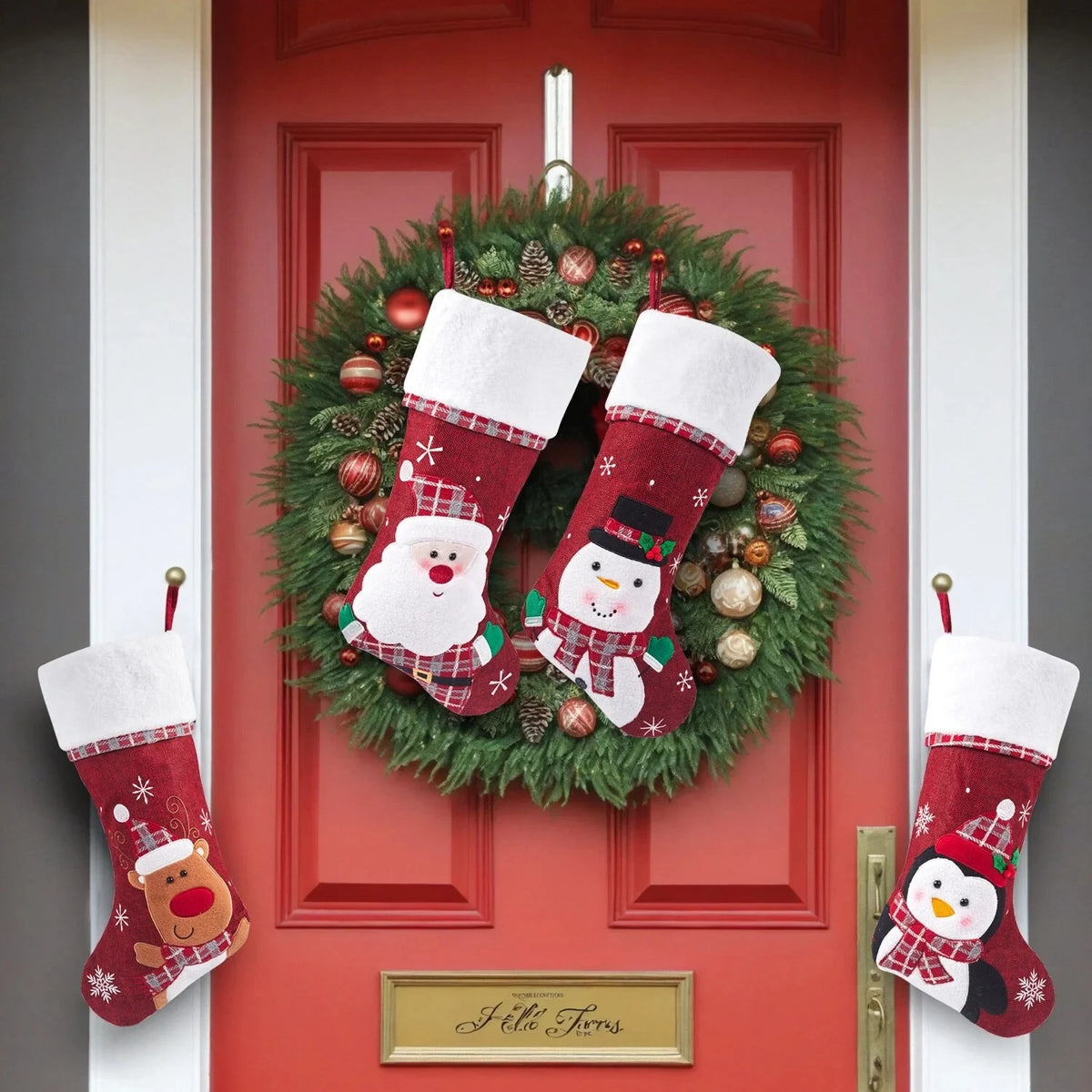 Christmas Stockings with Plush Cuff Embroidered Snowflakes and Character Appliques Pack of 2 - Image 5