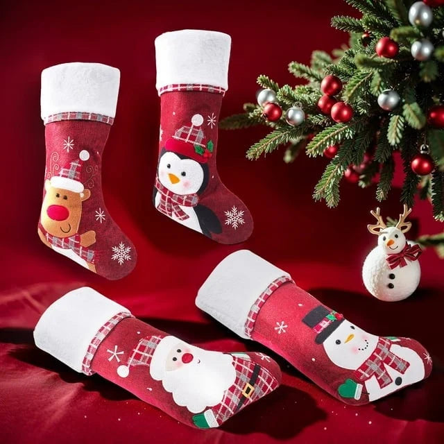 Christmas Stockings with Plush Cuff Embroidered Snowflakes and Character Appliques Pack of 2 - Image 8