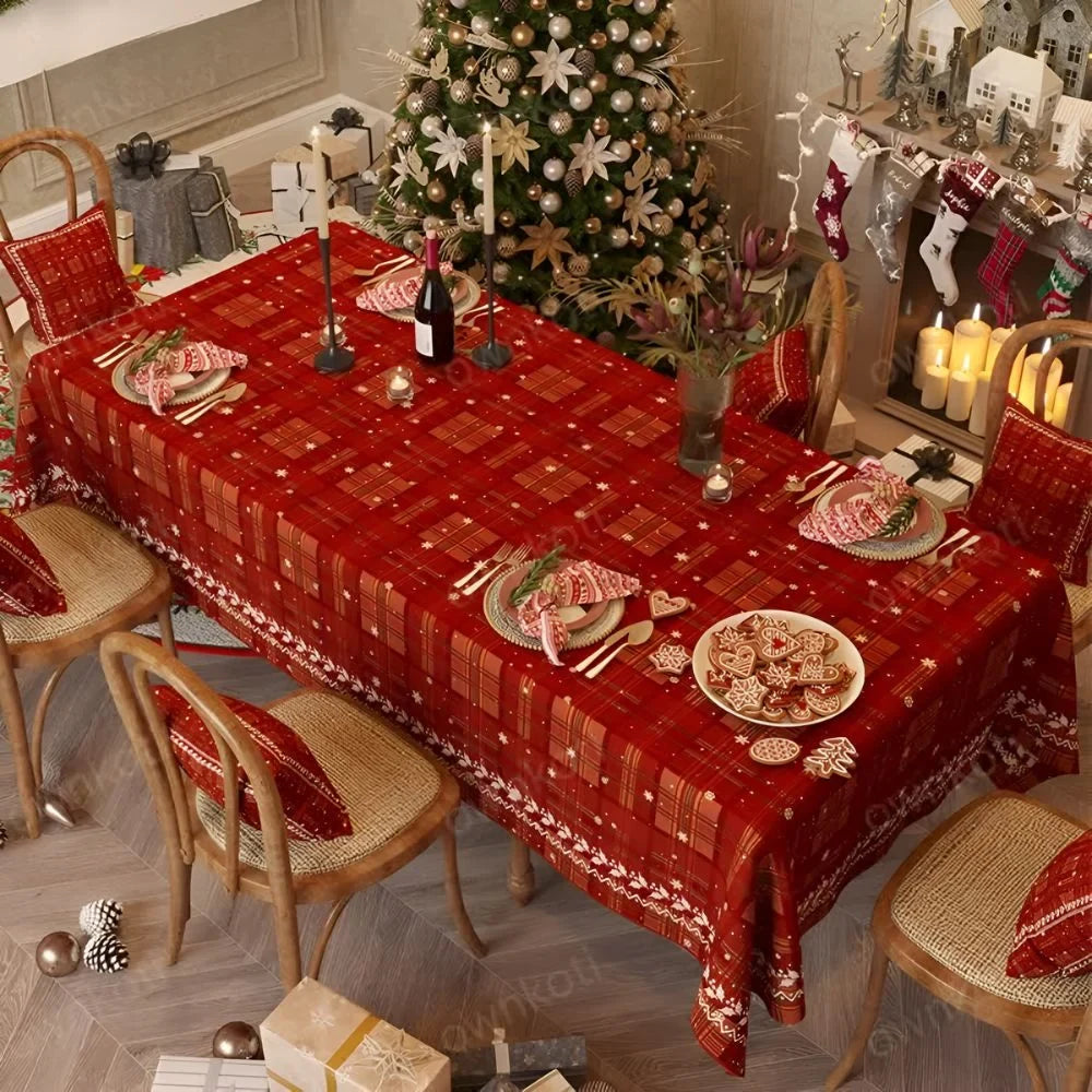 Christmas Tablecloth with Plaid Pattern and Chenille Fabric for Holiday Table Linens - Image 1