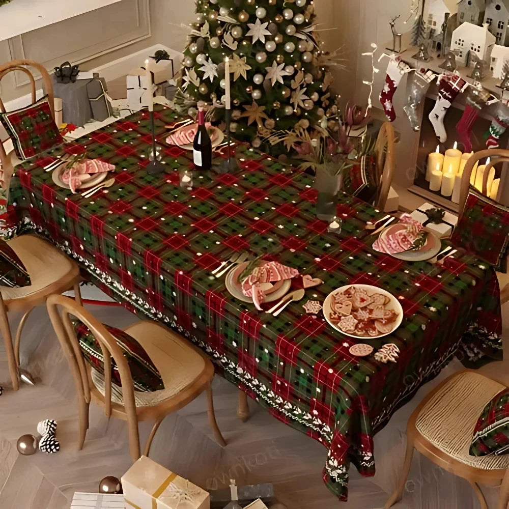 Christmas Tablecloth with Plaid Pattern and Chenille Fabric for Holiday Table Linens - Image 2
