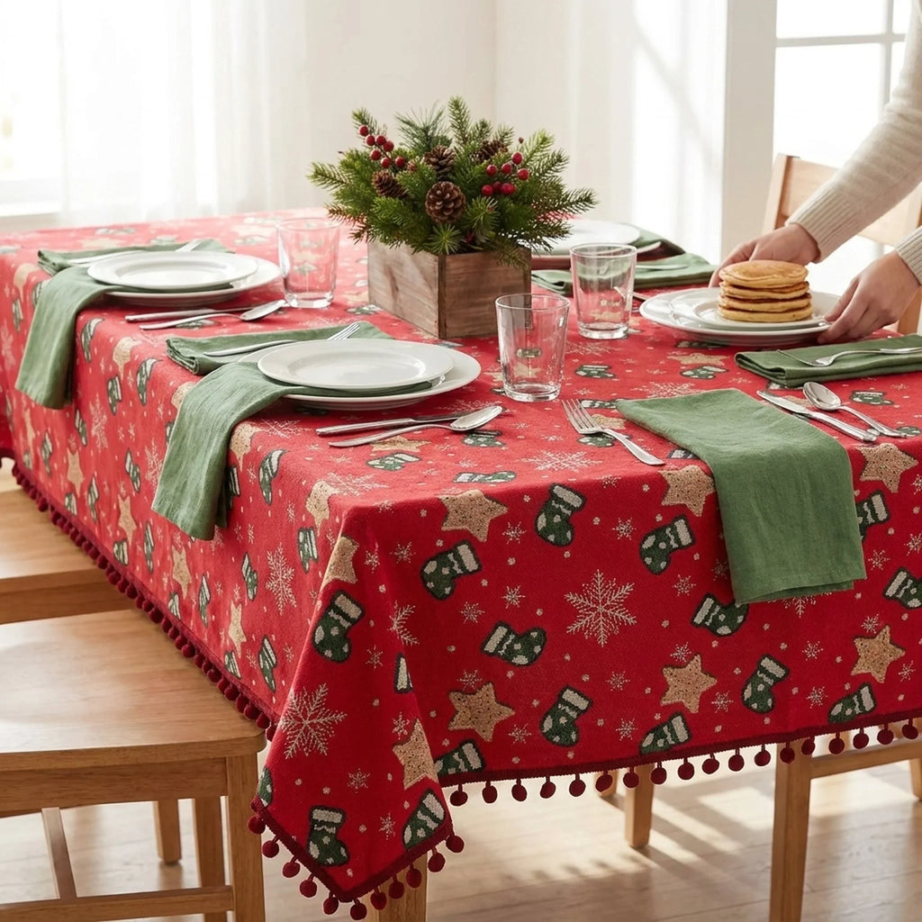 Christmas Tablecloth with Pom-Pom Fringe Snowflake and Stocking Pattern Festive Holiday Table Linens - Image 2
