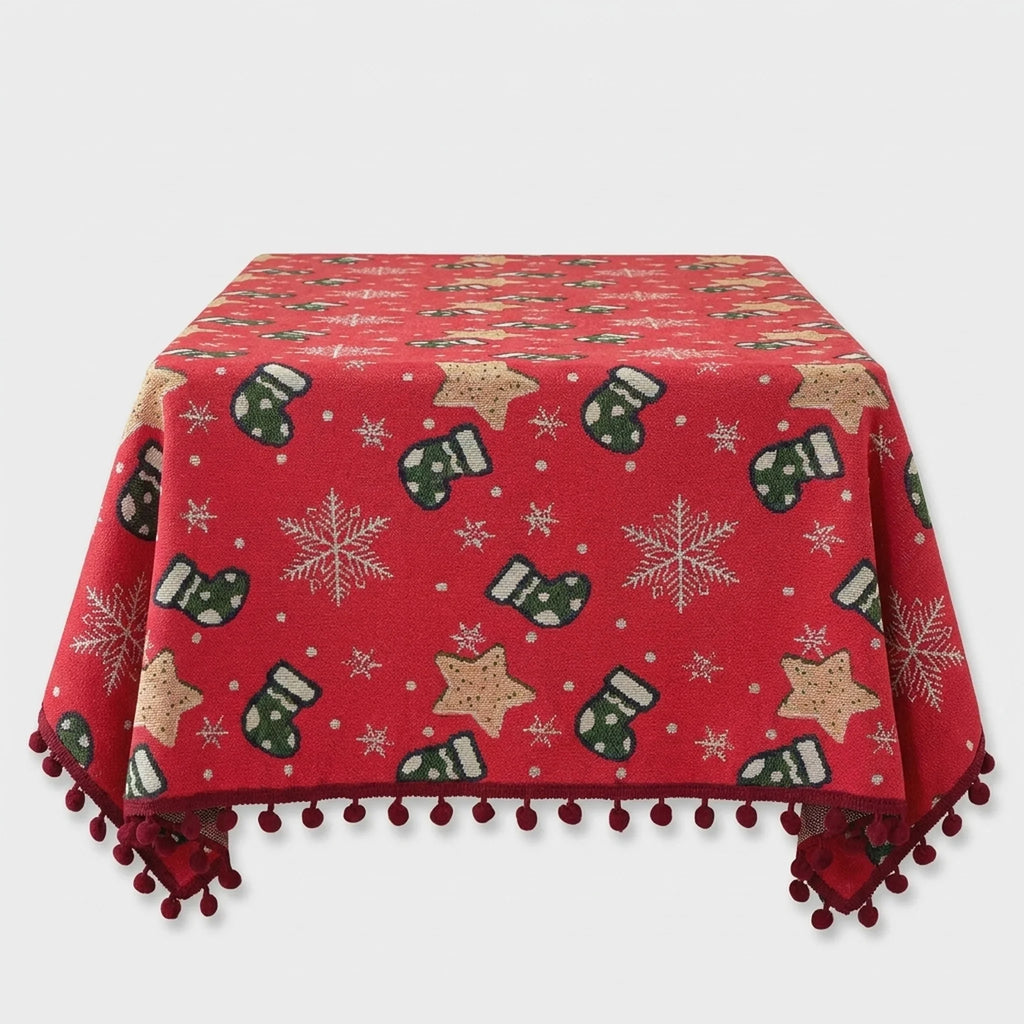 Christmas Tablecloth with Pom-Pom Fringe Snowflake and Stocking Pattern Festive Holiday Table Linens - Image 3