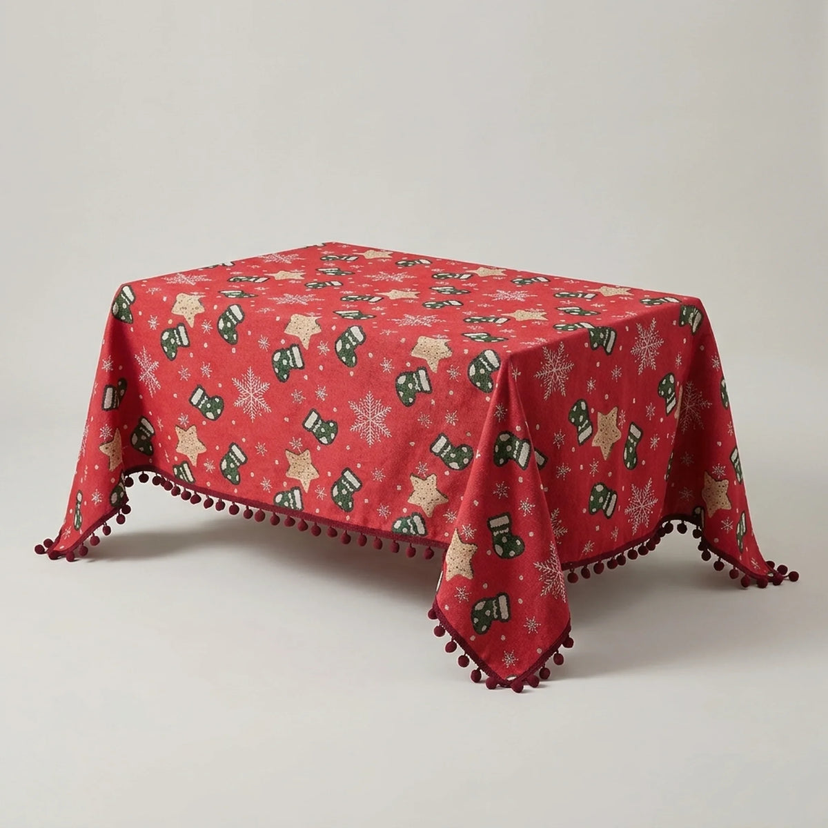 Christmas Tablecloth with Pom-Pom Fringe Snowflake and Stocking Pattern Festive Holiday Table Linens - Image 4