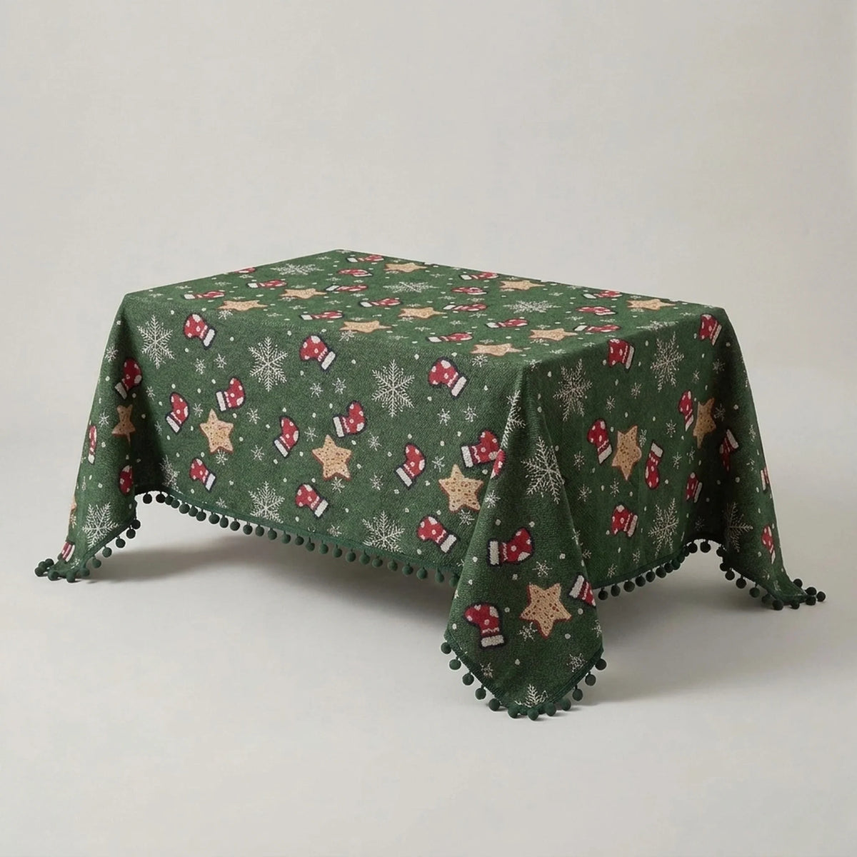 Christmas Tablecloth with Pom-Pom Fringe Snowflake and Stocking Pattern Festive Holiday Table Linens - Image 5