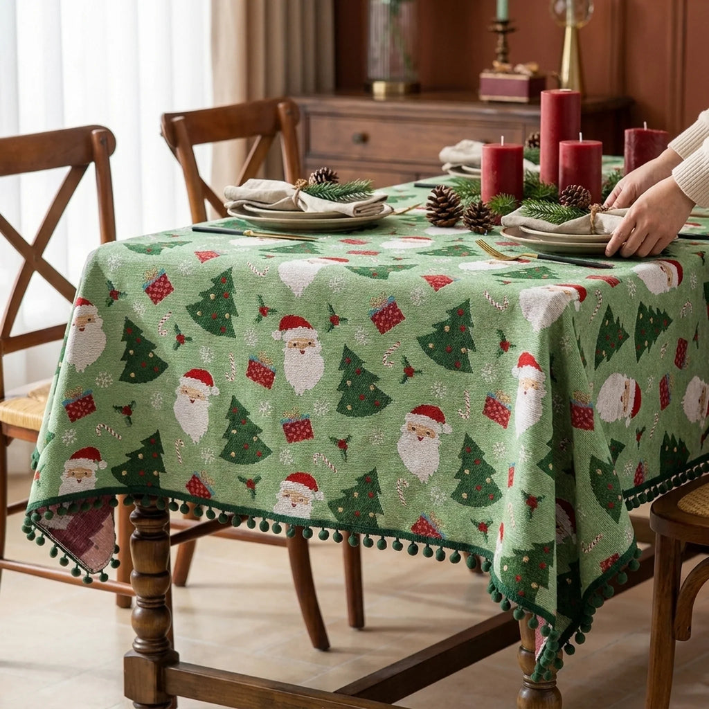 Christmas Tablecloth with Pom-Pom Trim Woven Festive Holiday Table Linens - Image 3