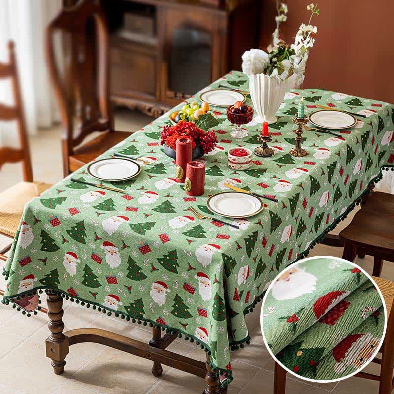 Christmas Tablecloth with Pom-Pom Trim Woven Festive Holiday Table Linens - Image 5