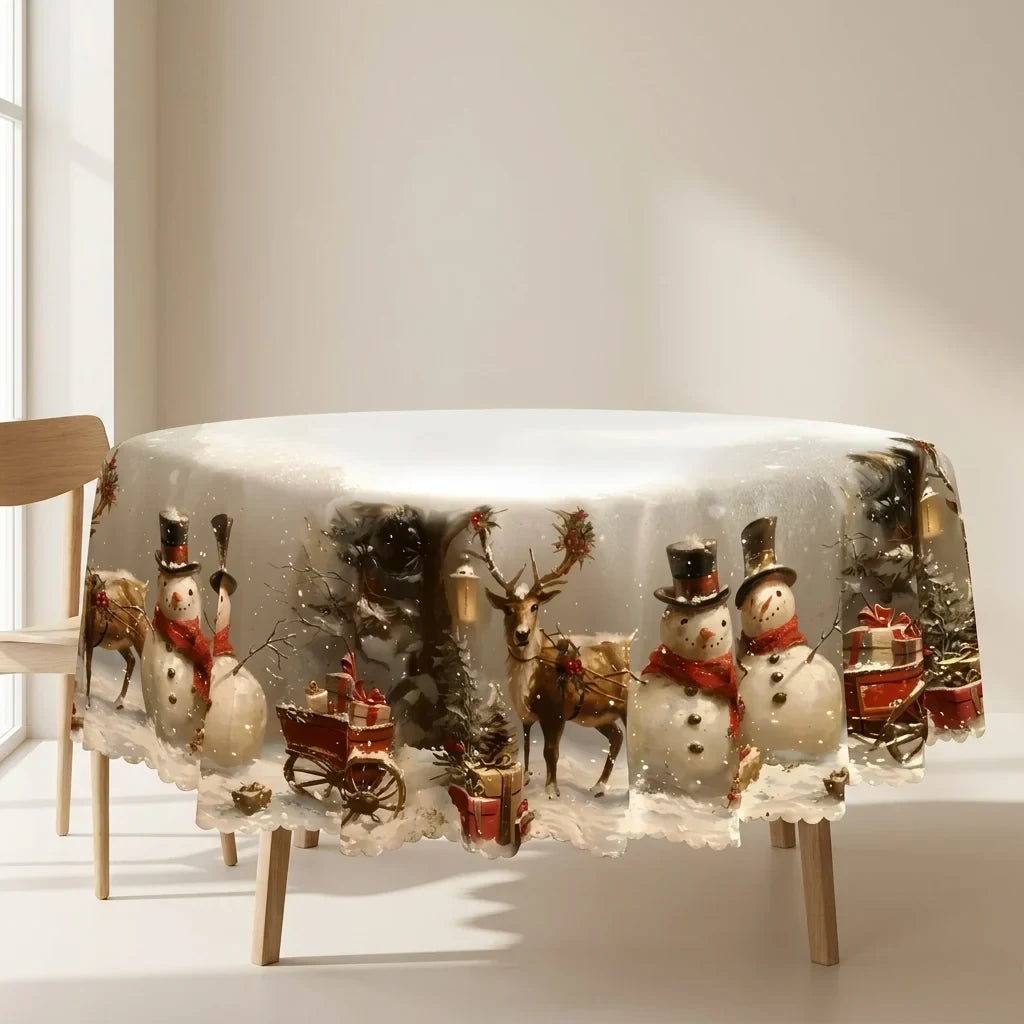 Christmas Tablecloth with Snowman and Reindeer Design Festive White Scalloped Hem - Image 1