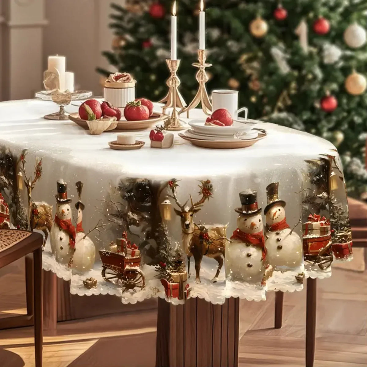 Christmas Tablecloth with Snowman and Reindeer Design Festive White Scalloped Hem - Image 2