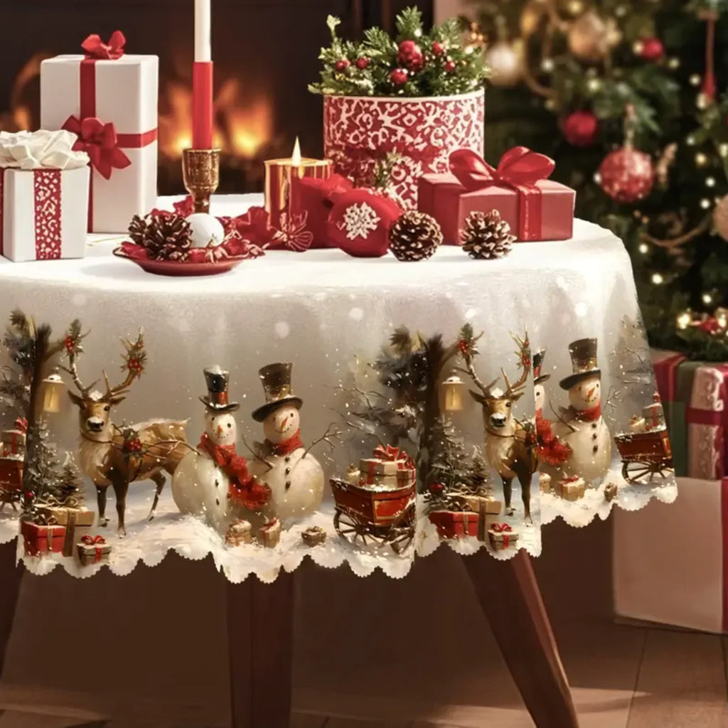 Christmas Tablecloth with Snowman and Reindeer Design Festive White Scalloped Hem - Image 3