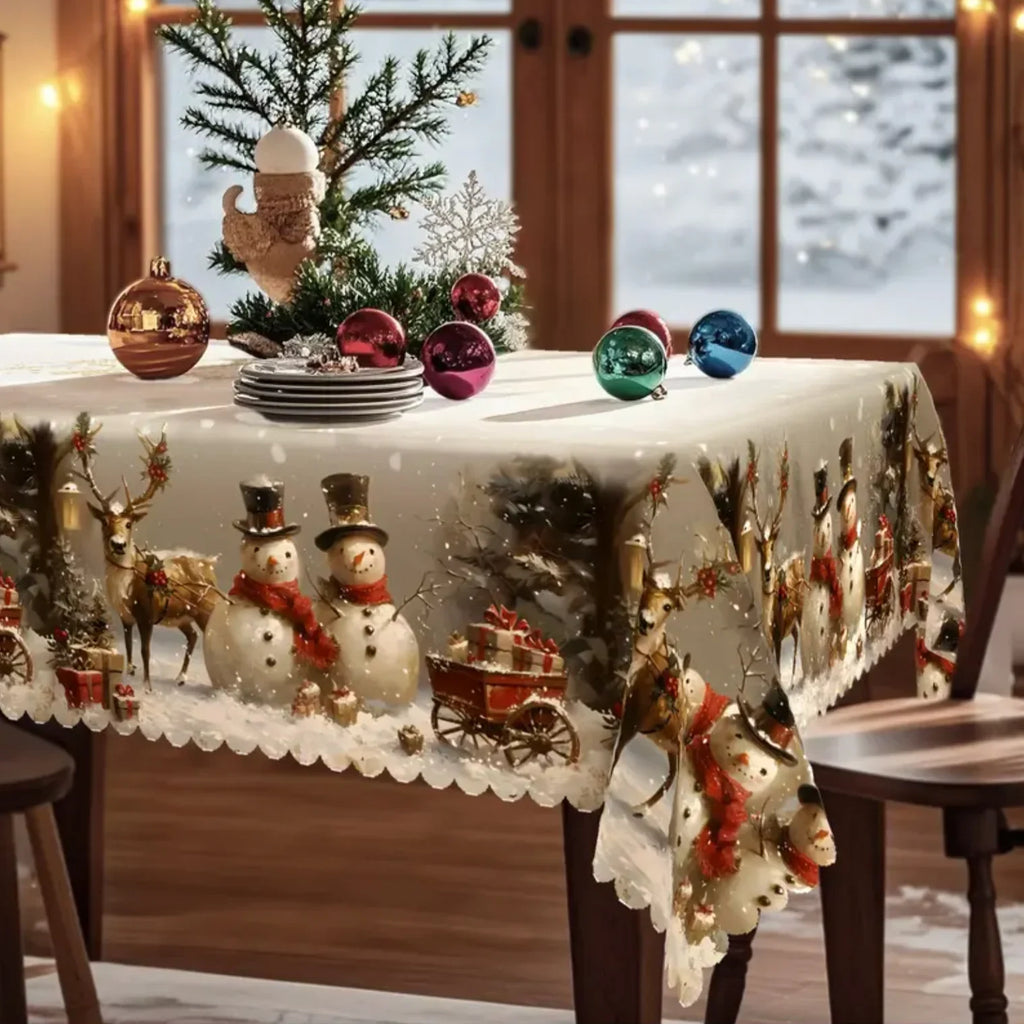 Christmas Tablecloth with Snowman and Reindeer Design Festive White Scalloped Hem - Image 4