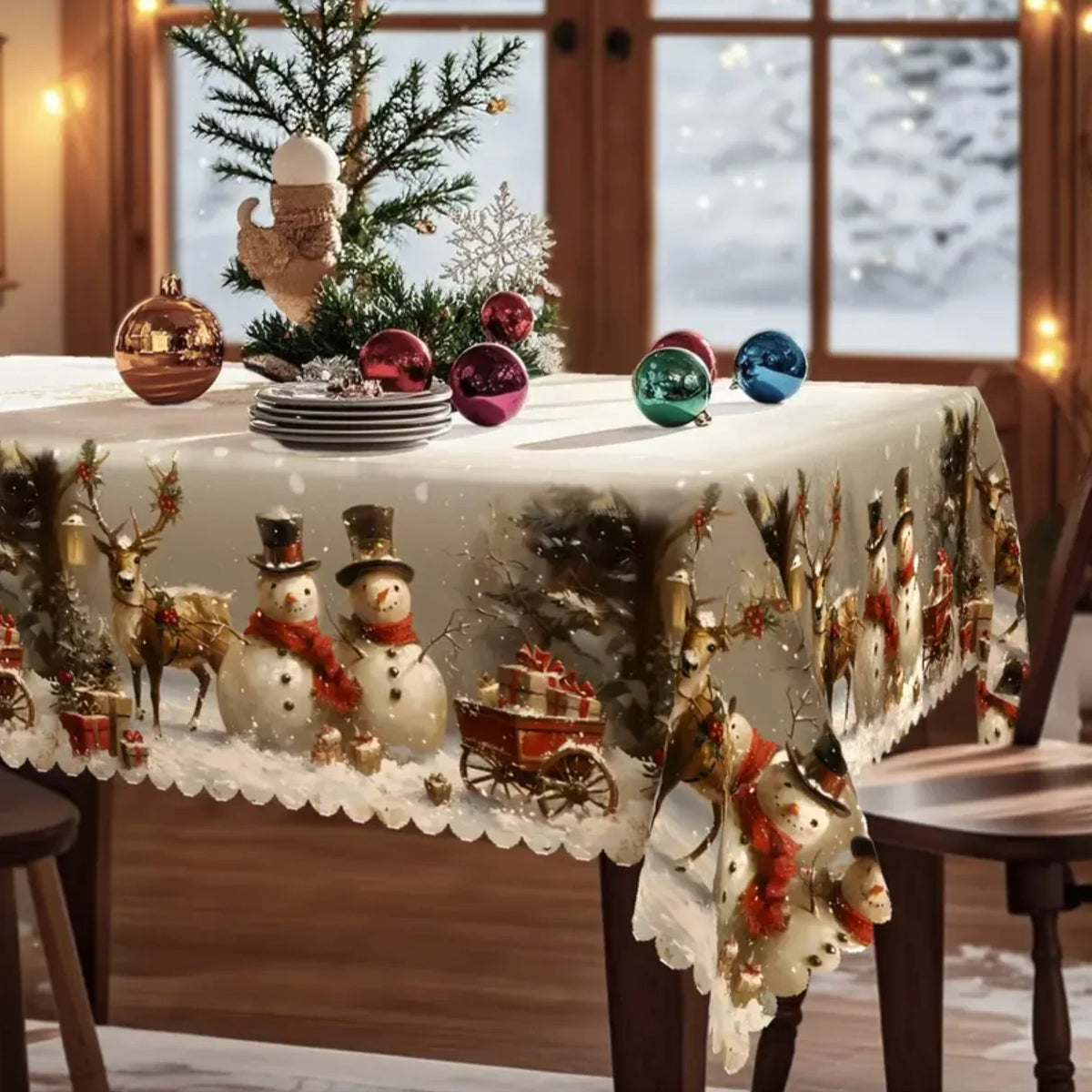 Christmas Tablecloth with Snowman and Reindeer Design Festive White Scalloped Hem - Image 4