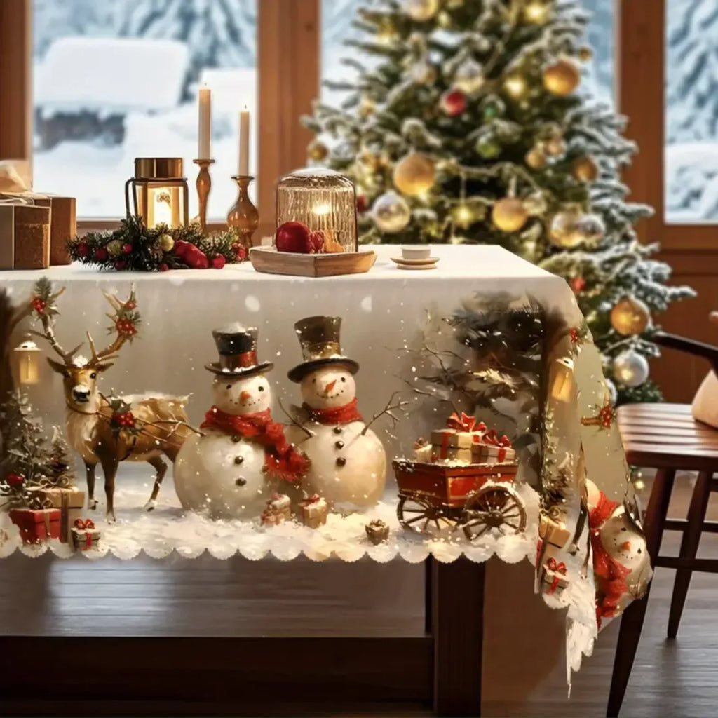 Christmas Tablecloth with Snowman and Reindeer Design Festive White Scalloped Hem - Image 5