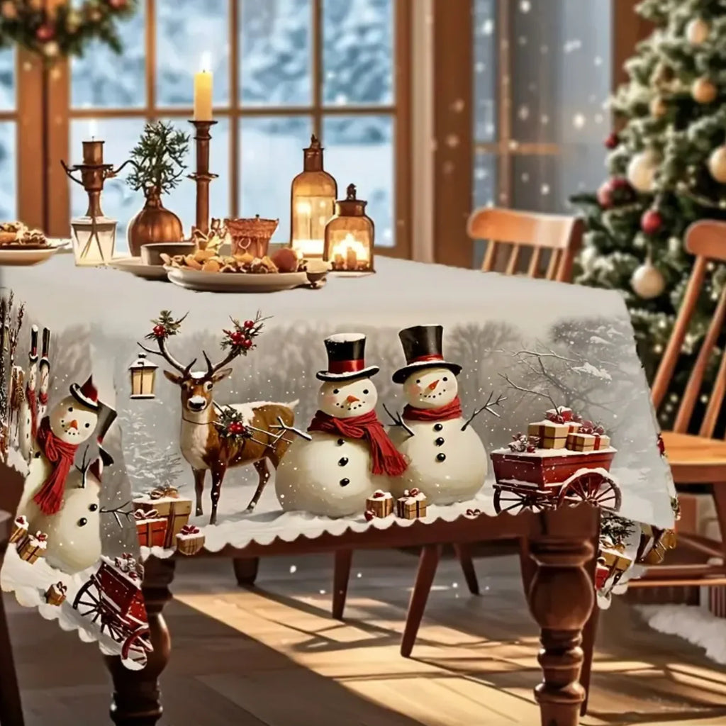 Christmas Tablecloth with Snowman and Reindeer Design Festive White Scalloped Hem - Image 6