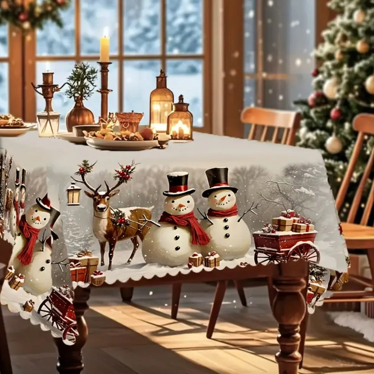 Christmas Tablecloth with Snowman and Reindeer Design Festive White Scalloped Hem - Image 6