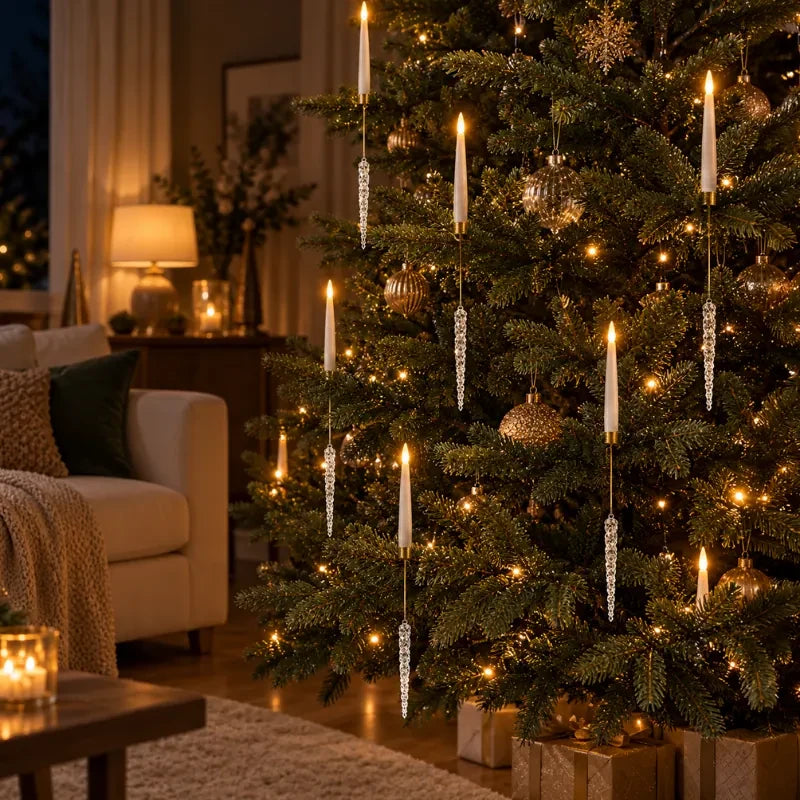 Christmas Tree Candles with LED Flickering Flame and Hanging Crystal Ornaments - Image 10