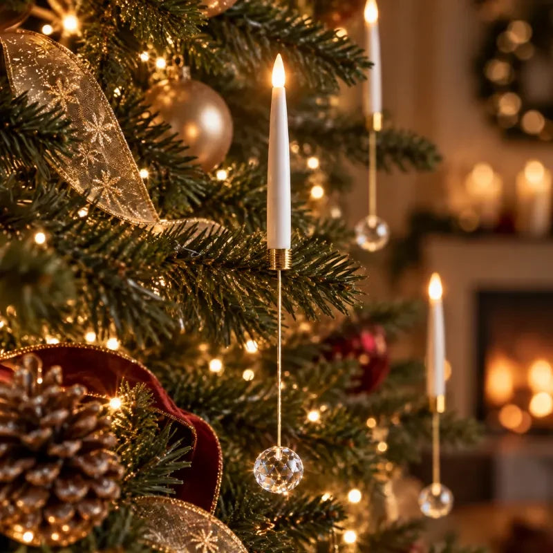 Christmas Tree Candles with LED Flickering Flame and Hanging Crystal Ornaments - Image 2
