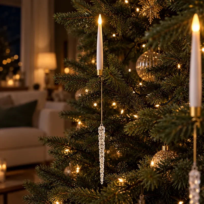 Christmas Tree Candles with LED Flickering Flame and Hanging Crystal Ornaments - Image 4