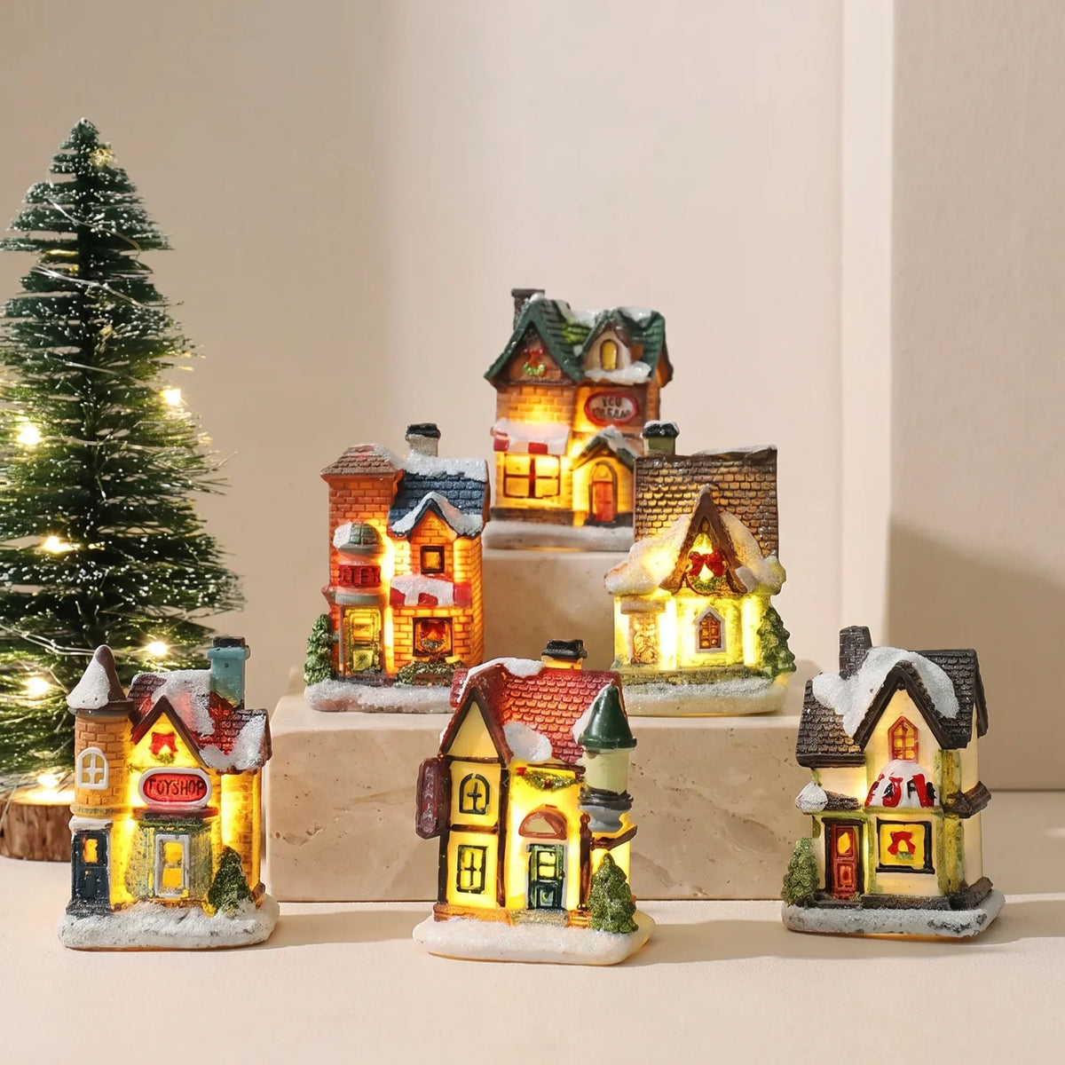 Christmas Village Sets with 6 Miniature Houses LED Lights and Snow-Covered Roofs - Image 1