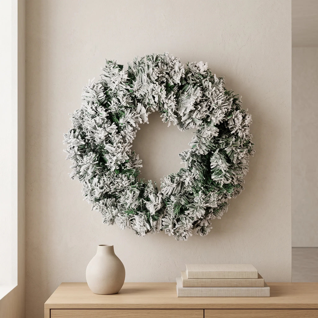 Christmas Wreath Door Hanging with Flocked Pine Needles and Snowflake Design - Image 1
