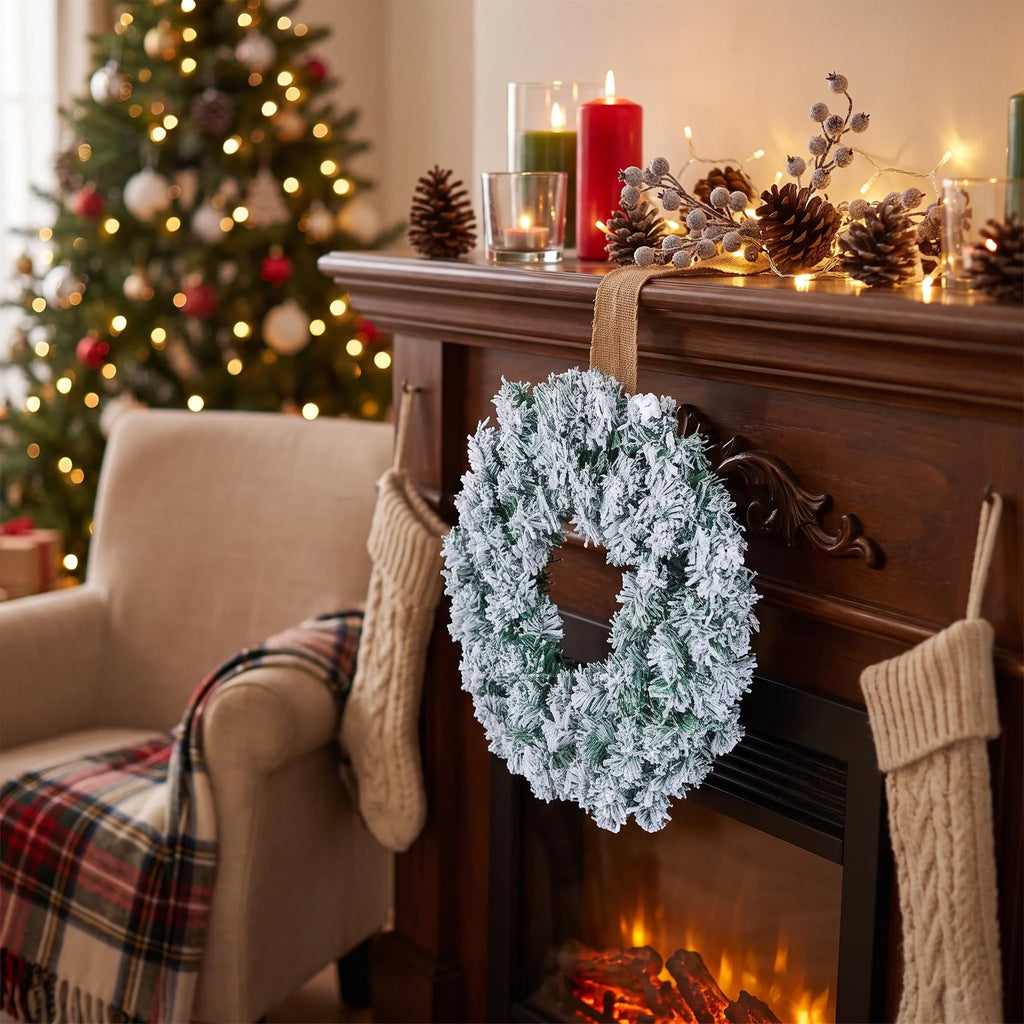 Christmas Wreath Door Hanging with Flocked Pine Needles and Snowflake Design - Image 3