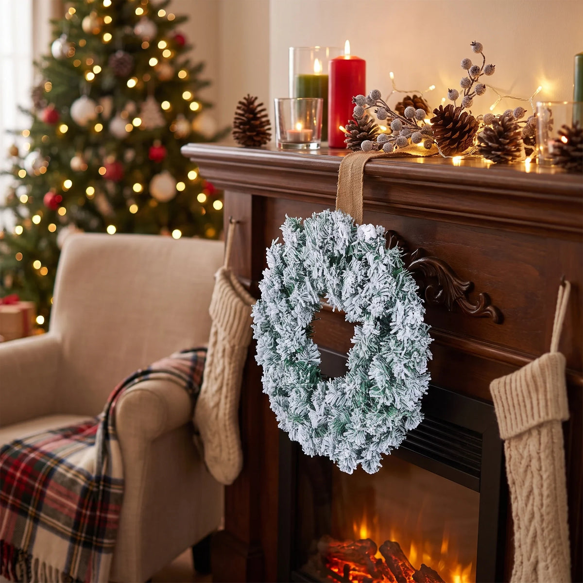 Christmas Wreath Door Hanging with Flocked Pine Needles and Snowflake Design - Image 3