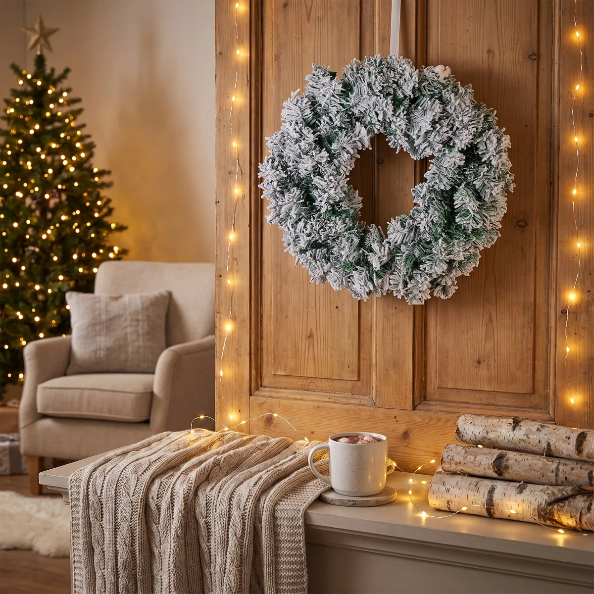 Christmas Wreath Door Hanging with Flocked Pine Needles and Snowflake Design - Image 4