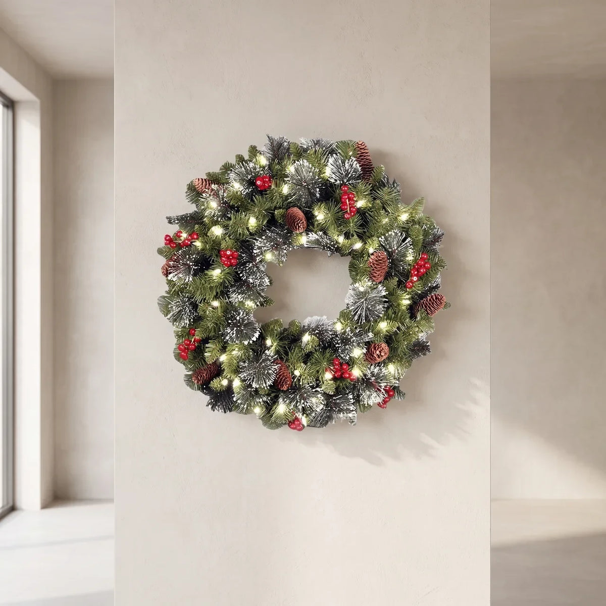 Christmas Wreath with Artificial Pine Red Berries Cones and Integrated LED Lights - Image 1
