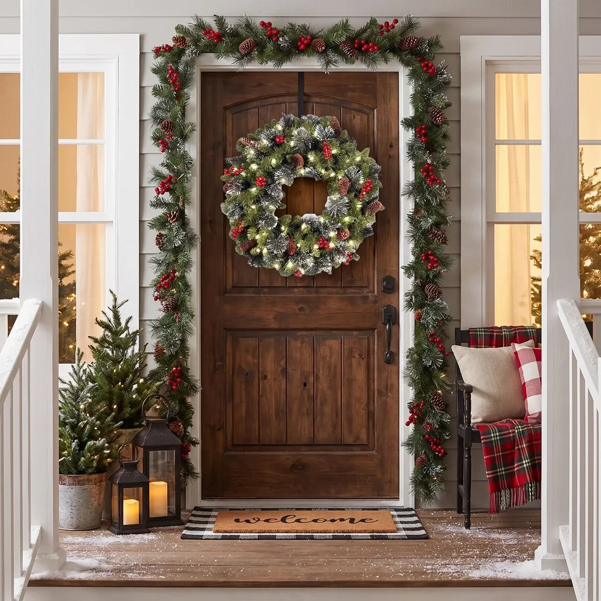 Christmas Wreath with Artificial Pine Red Berries Cones and Integrated LED Lights - Image 2