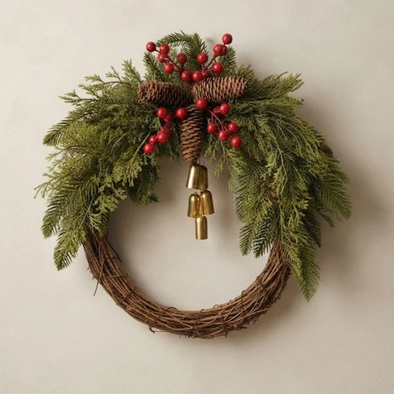 Christmas Wreath with Grapevine Base Pinecones Berries and Golden Bells - Image 1