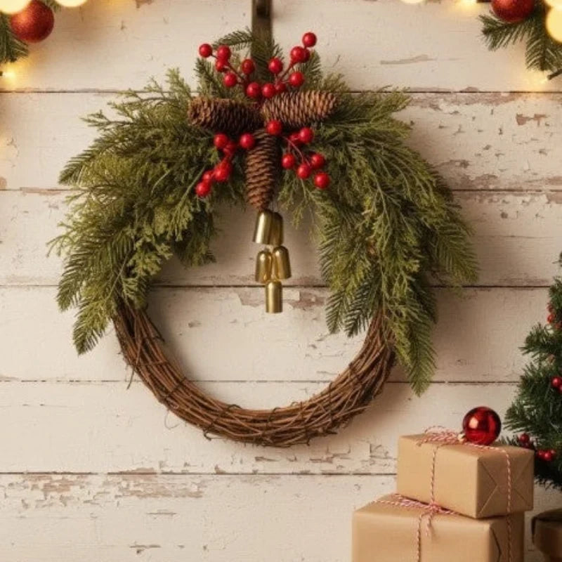 Christmas Wreath with Grapevine Base Pinecones Berries and Golden Bells - Image 2